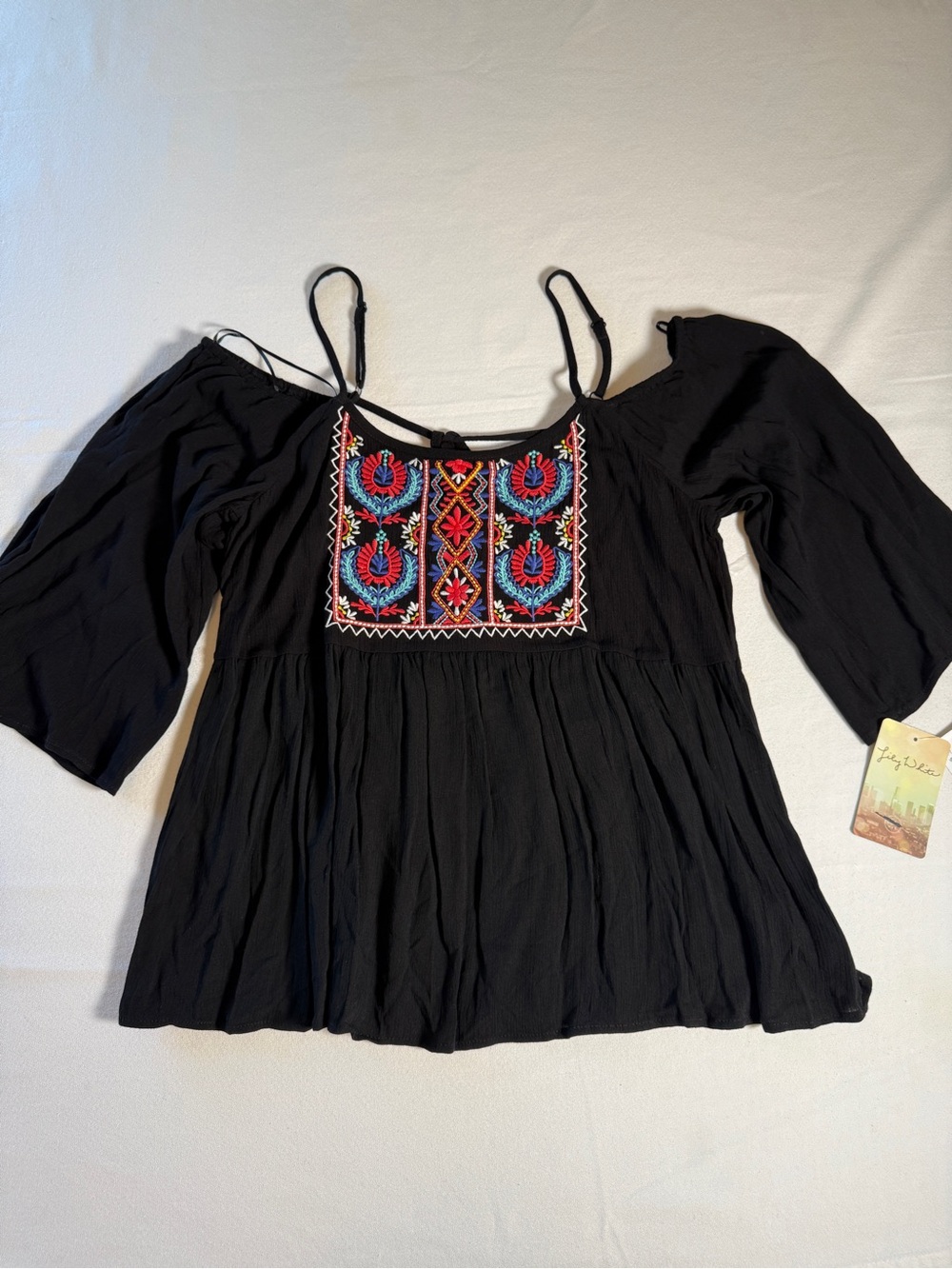 Lily White Black Boho Embroidered Cold-Shoulder Tunic with Red & Blue Accents M